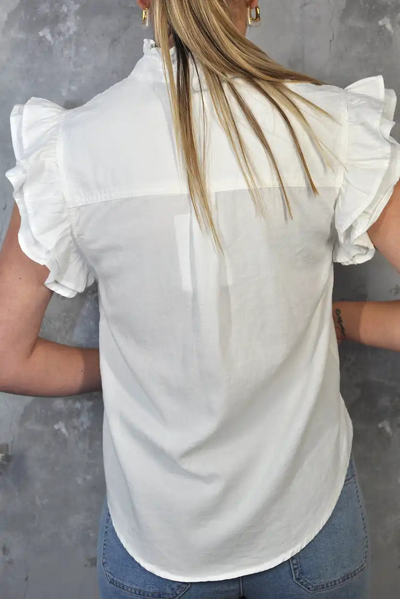 Camisa blanca con volantes y cuello mao – manga corta 100% algodón - CHICA del Sur