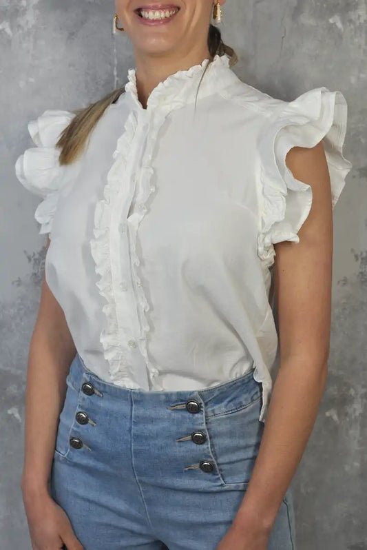 Camisa blanca con volantes y cuello mao – manga corta 100% algodón - CHICA del Sur