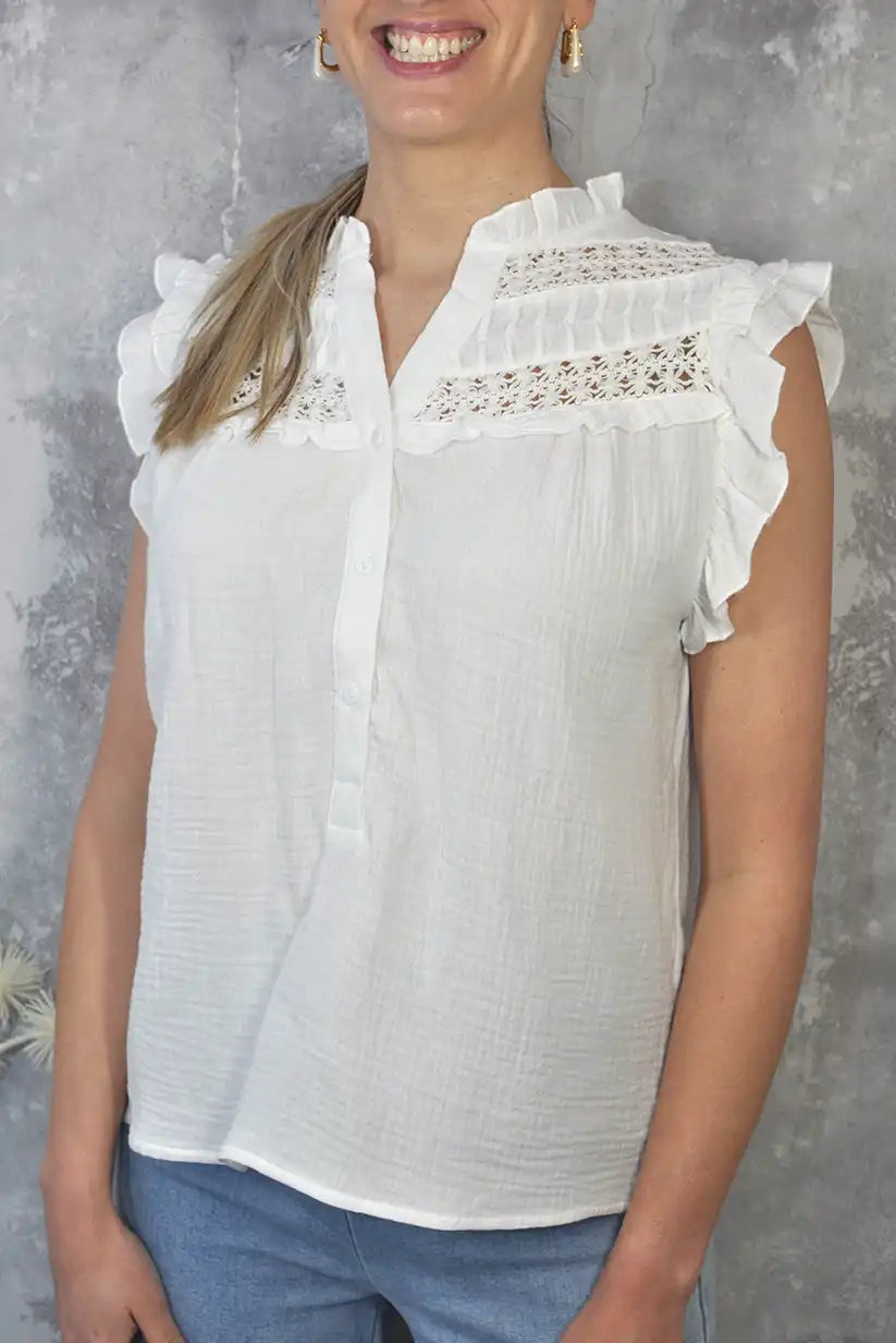Camisa blanca sin mangas con cuello mao – 100% algodón mujer primavera - CHICA del Sur