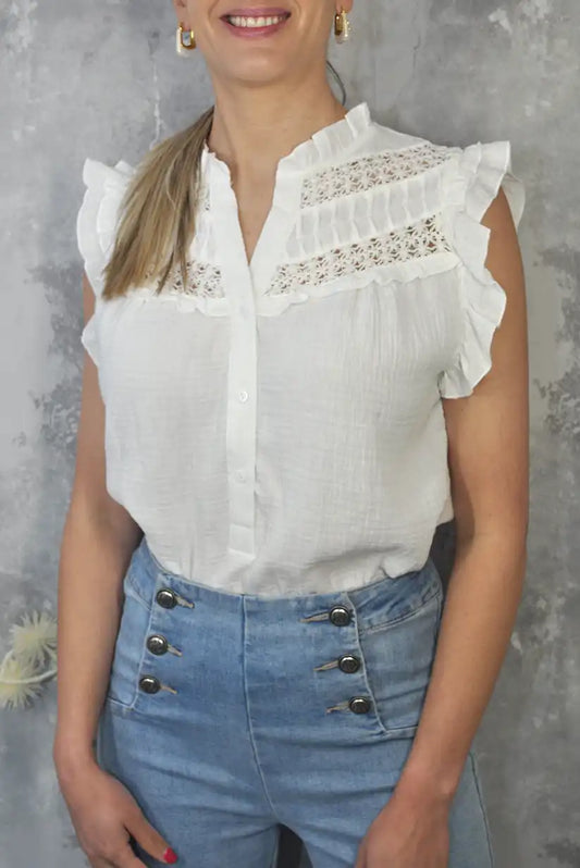 Camisa blanca sin mangas con cuello mao – 100% algodón mujer primavera - CHICA del Sur