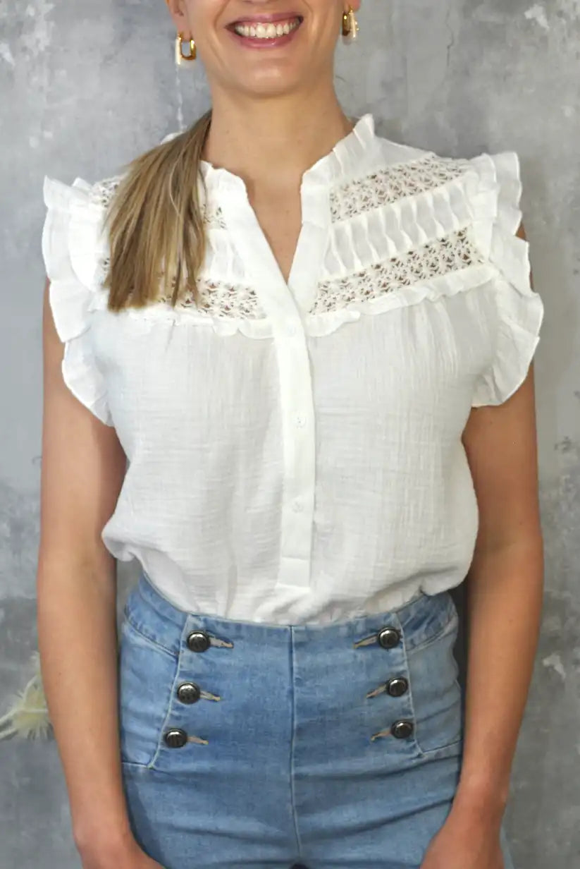Camisa blanca sin mangas con cuello mao – 100% algodón mujer primavera - CHICA del Sur