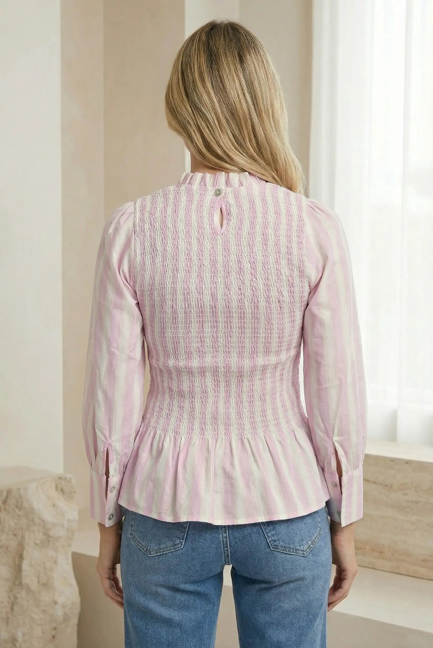 Blusa de mujer CHICA del Sur, rayas blancas y rosas, manga larga, nido de abeja, casual