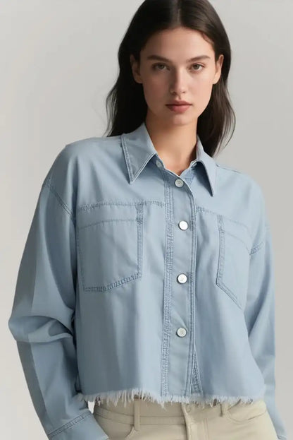 Camisa Denim Azul Corta Mujer Estilo Deshilachado Casual Moderna - CHICA del Sur