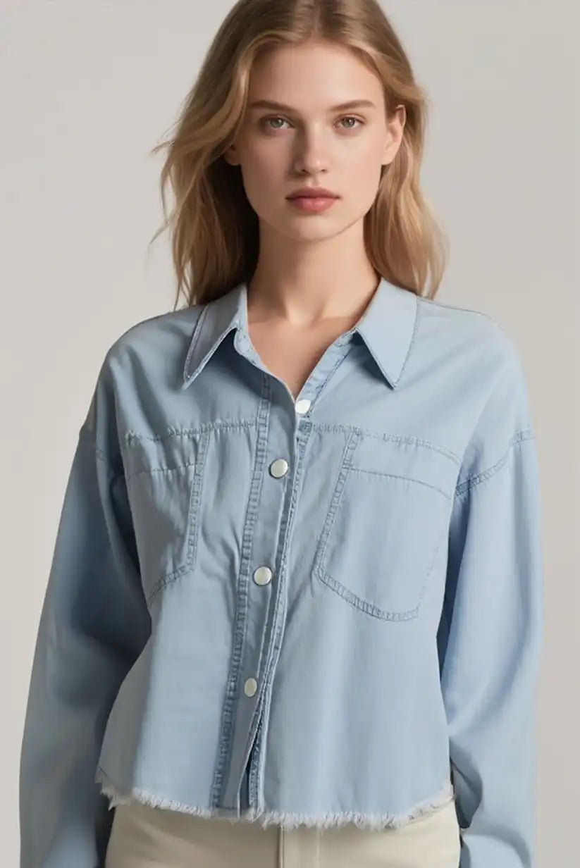 Camisa Denim Azul Corta Mujer Estilo Deshilachado Casual Moderna - CHICA del Sur