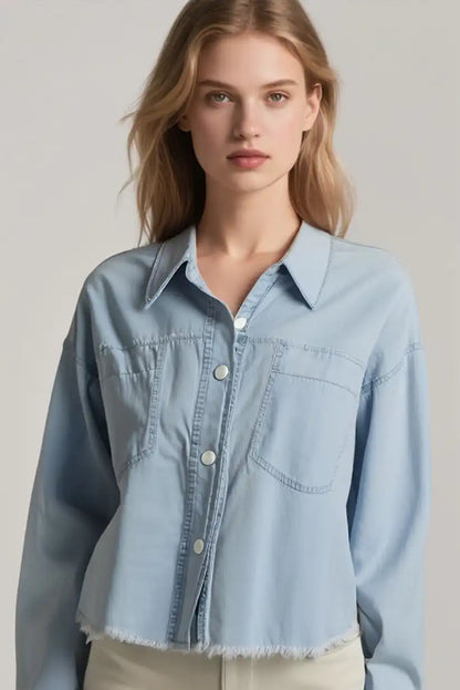 Camisa Denim Azul Corta Mujer Estilo Deshilachado Casual Moderna - CHICA del Sur