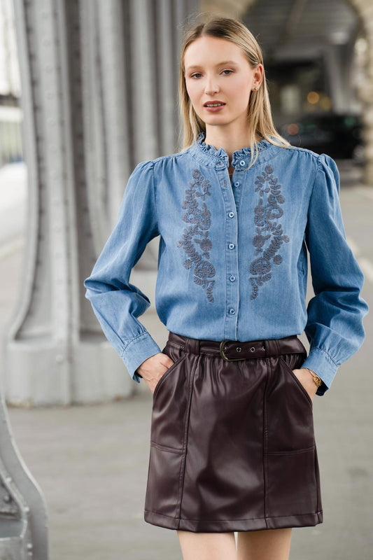 Camisa Mujer Denim Manga Larga con Bordados Florales Elegante - CHICA del Sur