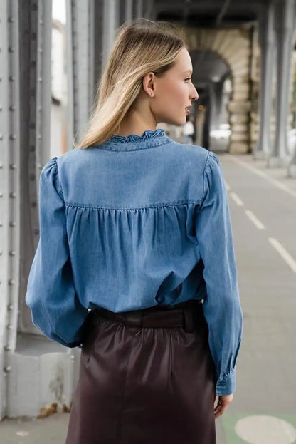 Camisa Mujer Denim Manga Larga con Bordados Florales Elegante - CHICA del Sur