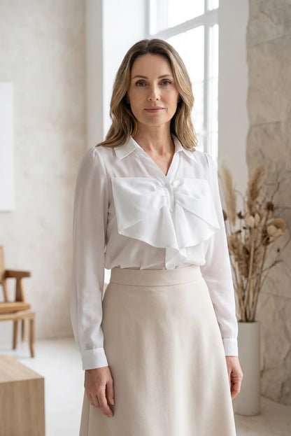 Mujer con blusa blanca manga larga y lazo grande, look elegante y femenino en interior luminoso.