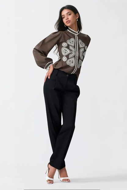 Camisa Mujer Marrón Chocolate Bordada Beige 100% Algodón Elegante - CHICA del Sur