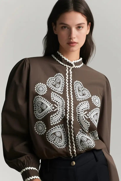 Camisa Mujer Marrón Chocolate Bordada Beige 100% Algodón Elegante - CHICA del Sur