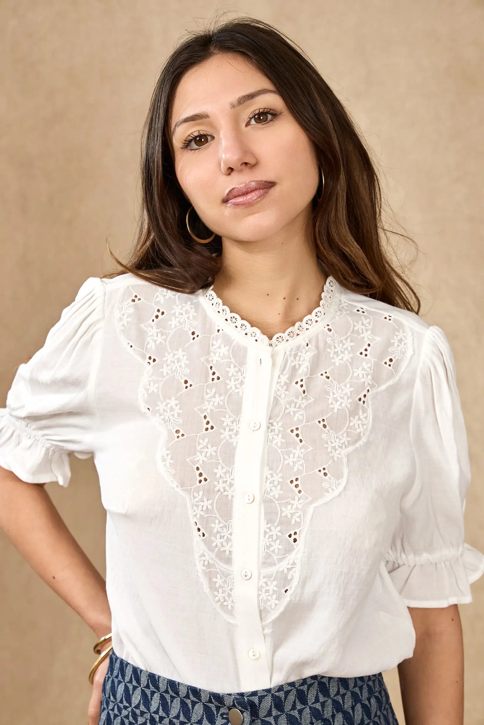 Camisa blanca de mujer con bordados florales y detalles románticos, ideal para primavera.
