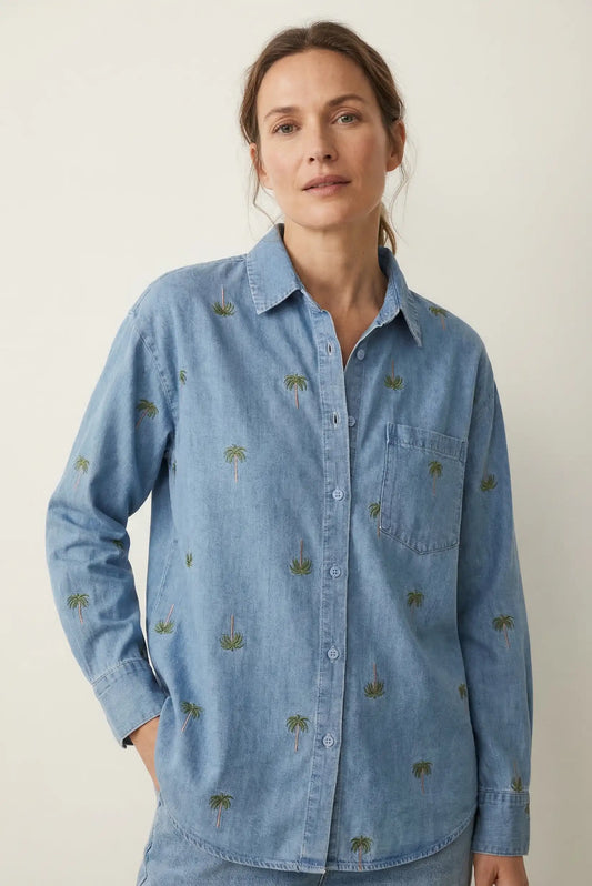 Camisa denim mujer bordada con palmeras, manga larga, estilo casual primaveral