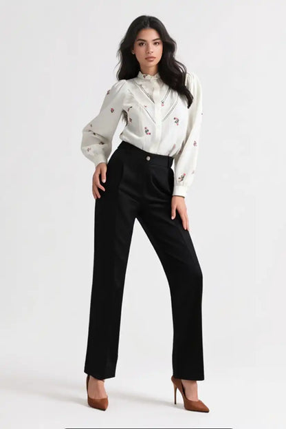 Camisa Mujer Beige Manga Larga con Bordados Florales Algodón - CHICA del Sur