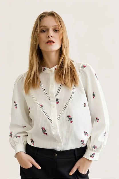Camisa Mujer Beige Manga Larga con Bordados Florales Algodón - CHICA del Sur