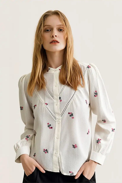 Camisa Mujer Beige Manga Larga con Bordados Florales Algodón - CHICA del Sur
