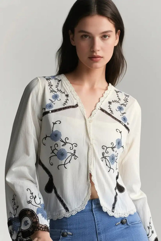 Blusa Boho Beige Mujer con Bordados Florales y Puntilla Algodón - CHICA del Sur