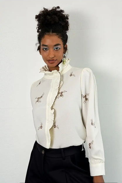 Camisa Mujer Manga Larga Beige Bordada Algodón Estilo Boho Chic - CHICA del Sur