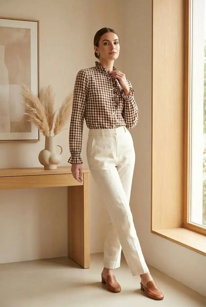 Mujer con camisa de manga larga de cuadros marrones con volantes, pantalones blancos y mocasines marrones en interior minimalista
