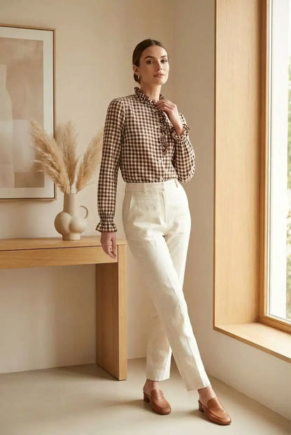 Mujer con camisa de manga larga de cuadros marrones con volantes, pantalones blancos y mocasines marrones en interior minimalista