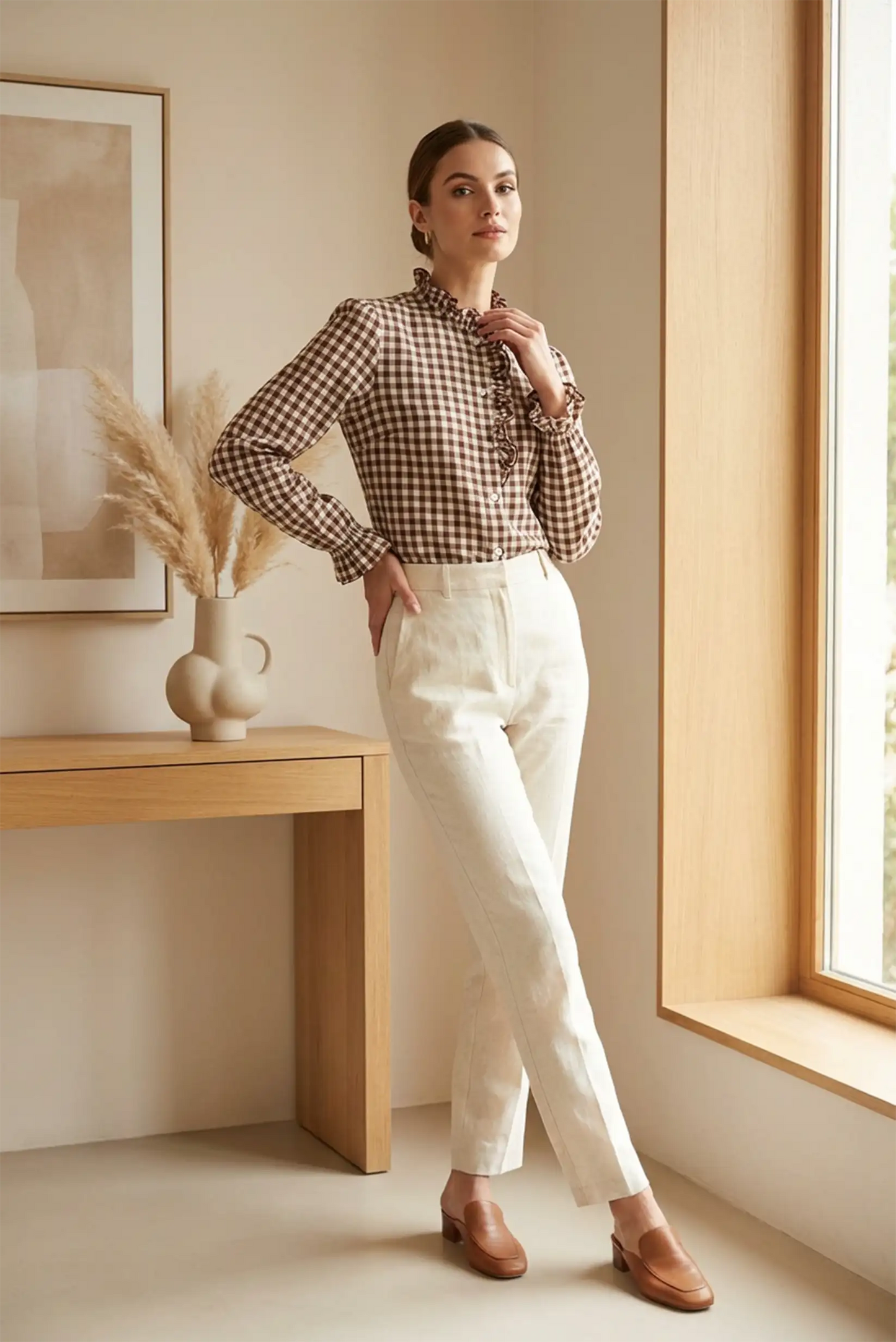 Mujer con camisa de manga larga cuadros marrones chocolate y volantes, pantalones blancos y zapatos marrones, posando en interior minimalista