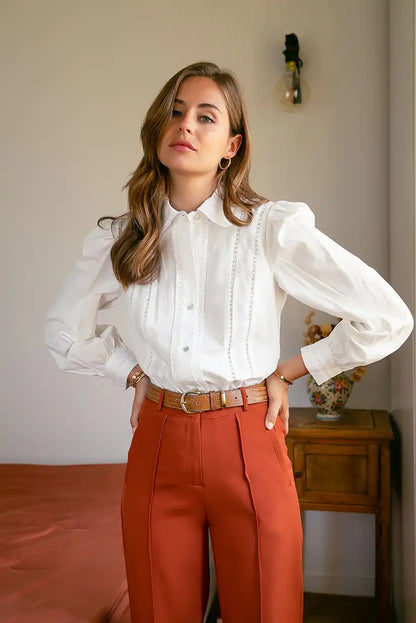 Camisa blanca bordada mujer manga larga algodón romántica cómoda - CHICA del Sur
