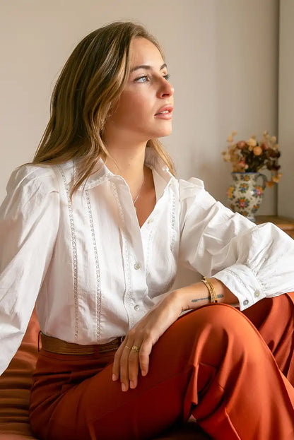 Camisa blanca bordada mujer manga larga algodón romántica cómoda - CHICA del Sur