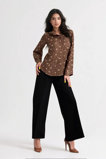 Camisa mujer marrón chocolate bordada floral vintage manga larga - CHICA del Sur