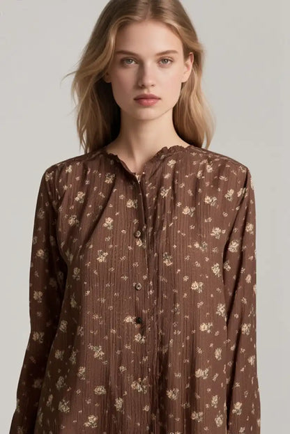 Camisa mujer marrón chocolate bordada floral vintage manga larga - CHICA del Sur