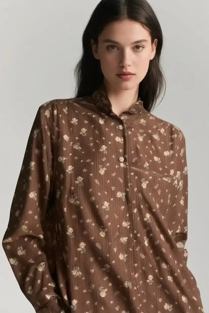 Camisa mujer marrón chocolate bordada floral vintage manga larga - CHICA del Sur