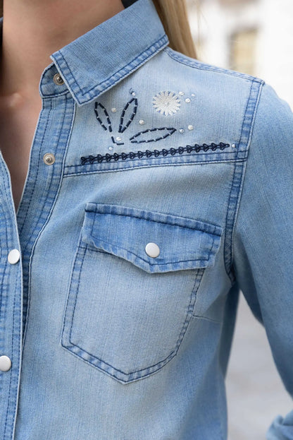 Camisa Vaquera Bordada Azul Denim Primavera