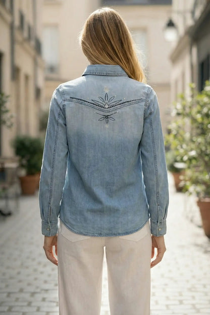 Camisa Vaquera Bordada Azul Denim Primavera