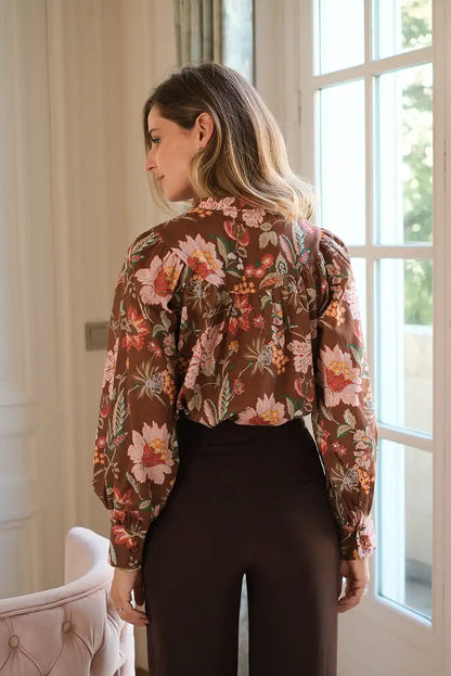 Camisa Marrón Floral Mujer Otoño Manga Larga Algodón Elegante - CHICA del Sur