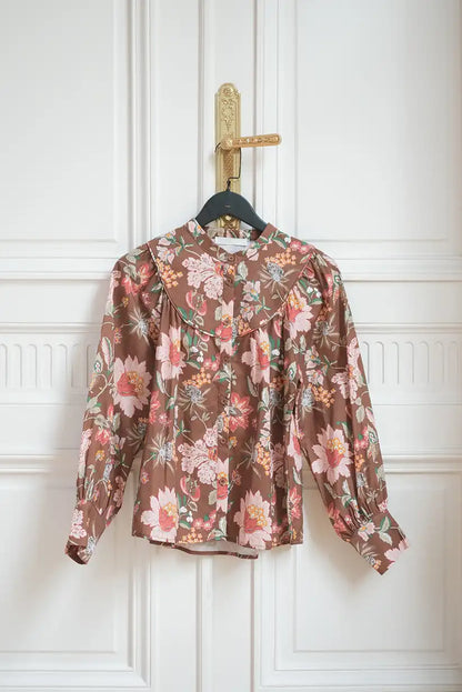 Camisa Marrón Floral Mujer Otoño Manga Larga Algodón Elegante - CHICA del Sur
