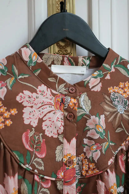 Camisa Marrón Floral Mujer Otoño Manga Larga Algodón Elegante - CHICA del Sur