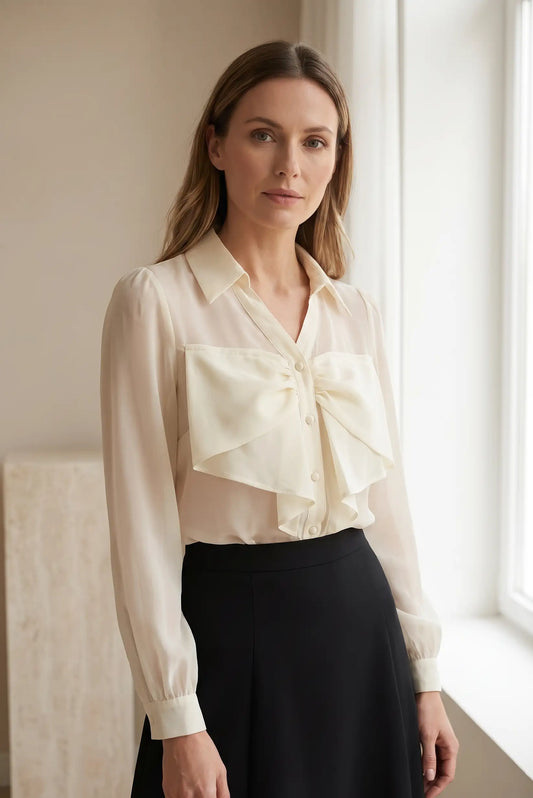 Camisa de mujer vainilla manga larga con gran lazo delantero, look elegante y casual