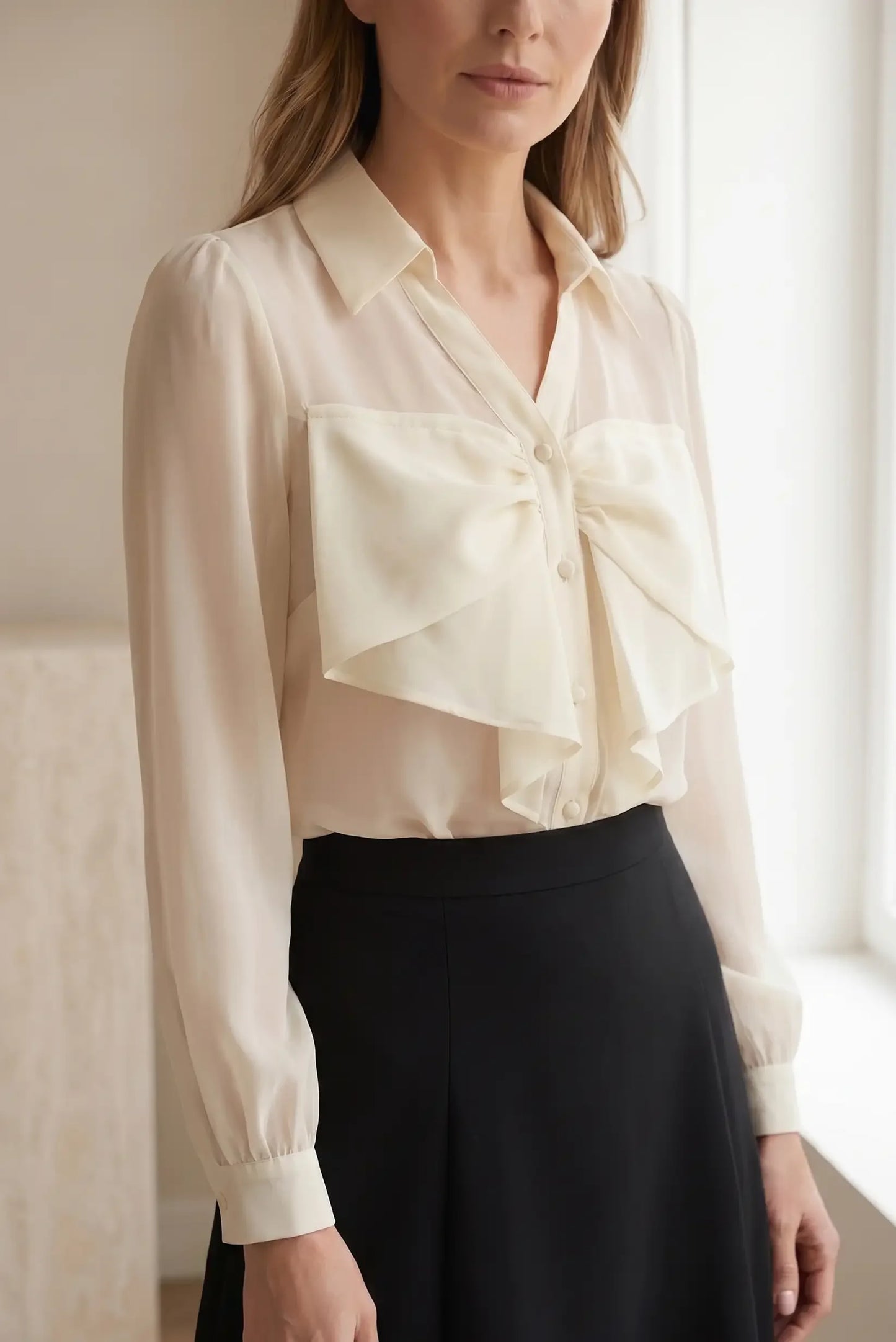 Camisa de mujer vainilla manga larga con lazo grande, estilo elegante y casual