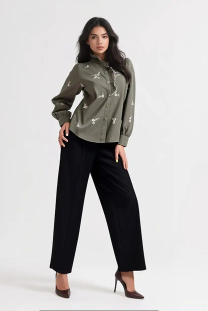 Camisa Mujer Verde Kaki Bordada Manga Larga Algodón Romántica - CHICA del Sur