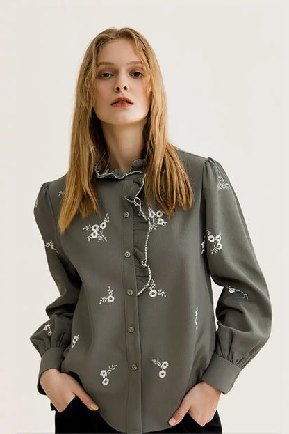 Camisa Mujer Verde Kaki Bordada Manga Larga Algodón Romántica - CHICA del Sur