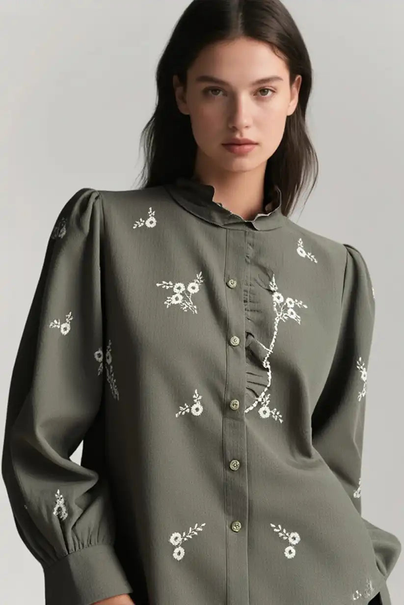 Camisa Mujer Verde Kaki Bordada Manga Larga Algodón Romántica - CHICA del Sur