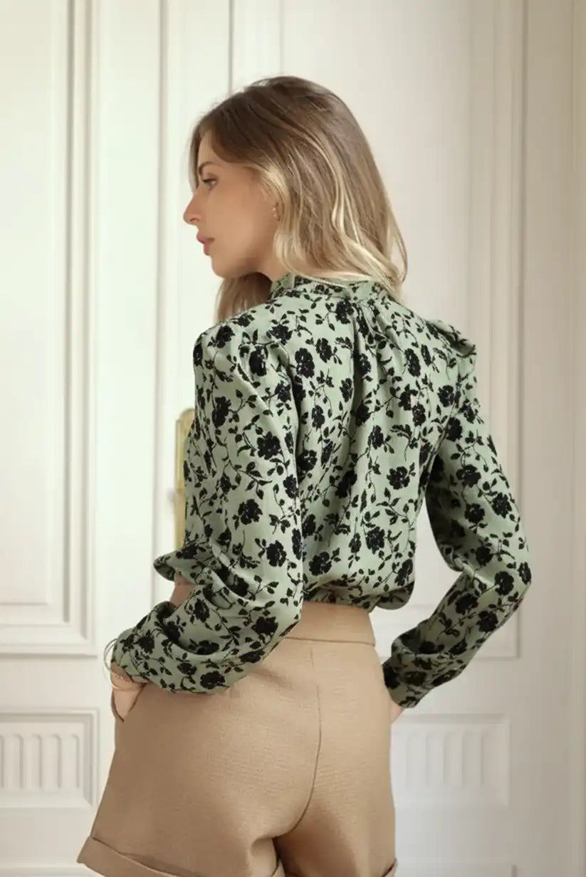 Camisa Verde Oliva Mujer Bordado Floral Negro Elegante Satinada - CHICA del Sur