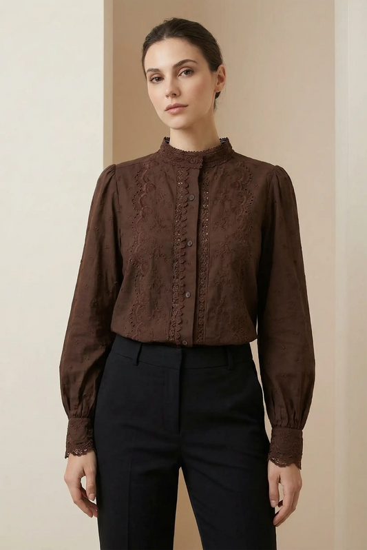 Camisa mujer marrón chocolate con bordados, manga larga y estilo elegante, CHICA del Sur