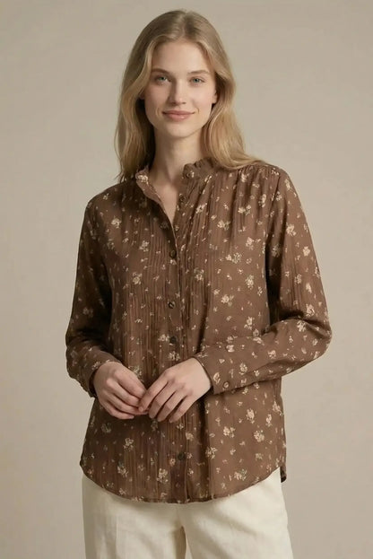Camisa marrón chocolate de mujer con bordados florales, estilo casual CHICA del Sur