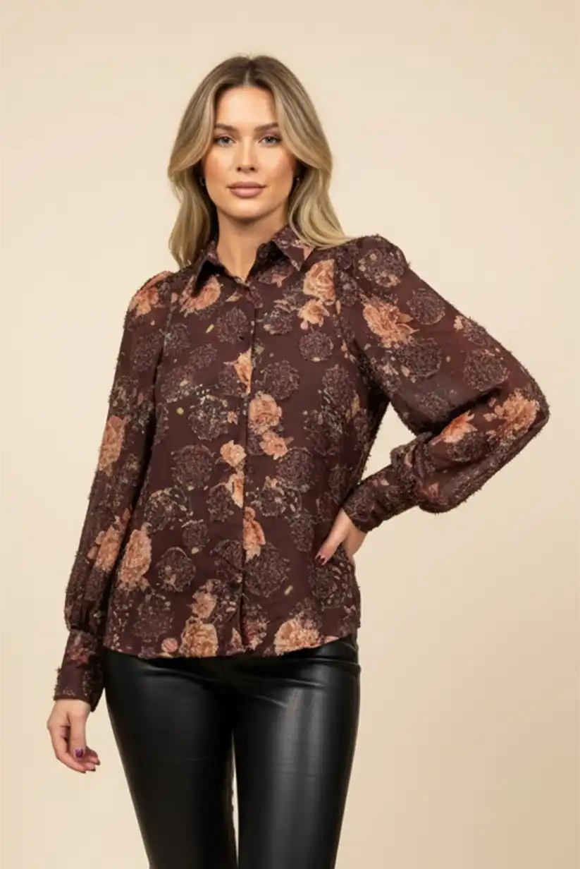 Camisa mujer floral marrón chocolate - CHICA del Sur
