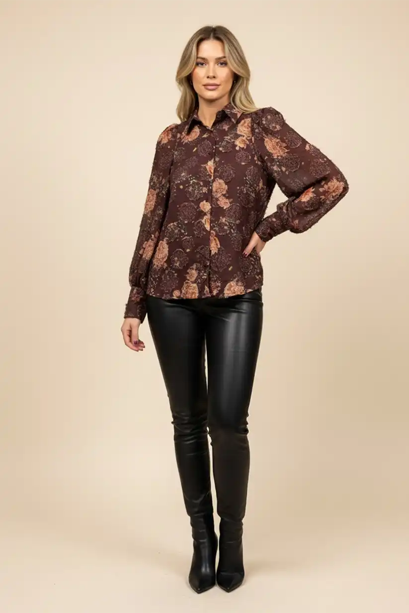 Camisa mujer floral marrón chocolate - CHICA del Sur