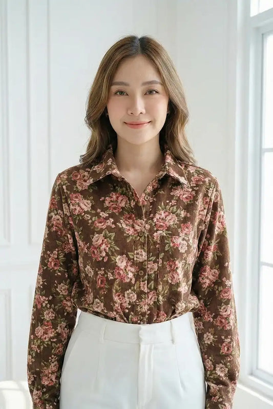 Camisa mujer manga larga marrón floral - CHICA del Sur
