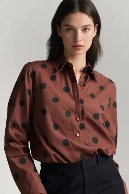 Camisa mujer marrón chocolate con lunares negros manga larga elegante - CHICA del Sur