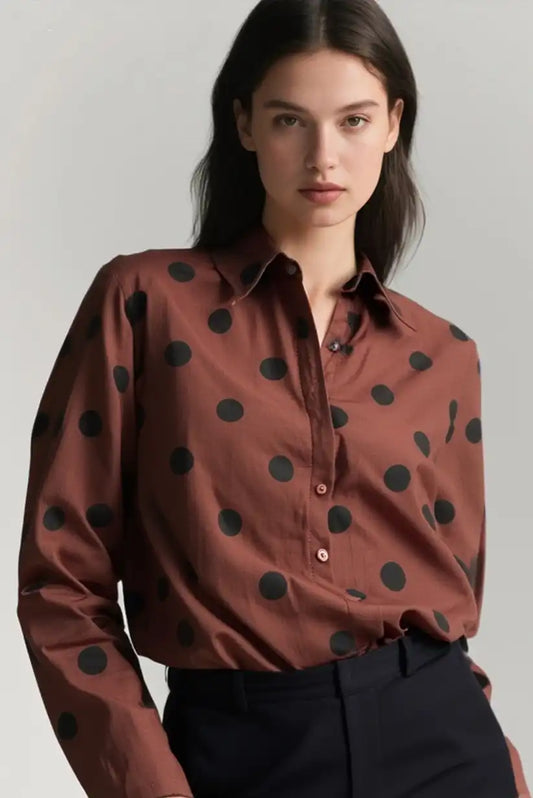 Camisa mujer marrón chocolate con lunares negros manga larga elegante - CHICA del Sur