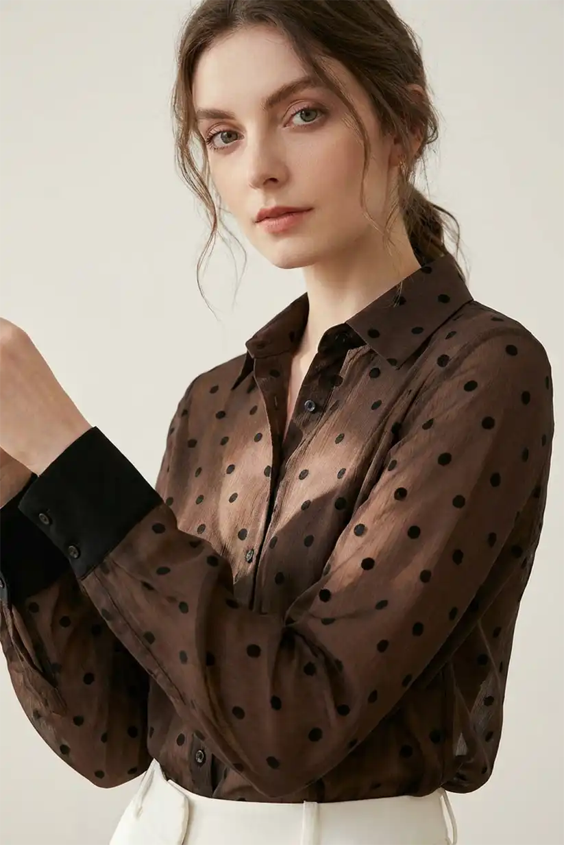 Camisa mujer manga larga marrón chocolate con lunares - CHICA del Sur