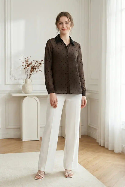 Camisa mujer manga larga marrón chocolate con lunares - CHICA del Sur