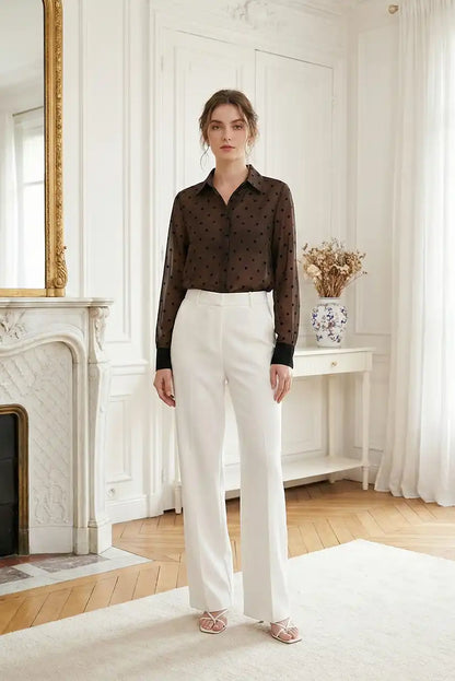 Camisa mujer manga larga marrón chocolate con lunares - CHICA del Sur